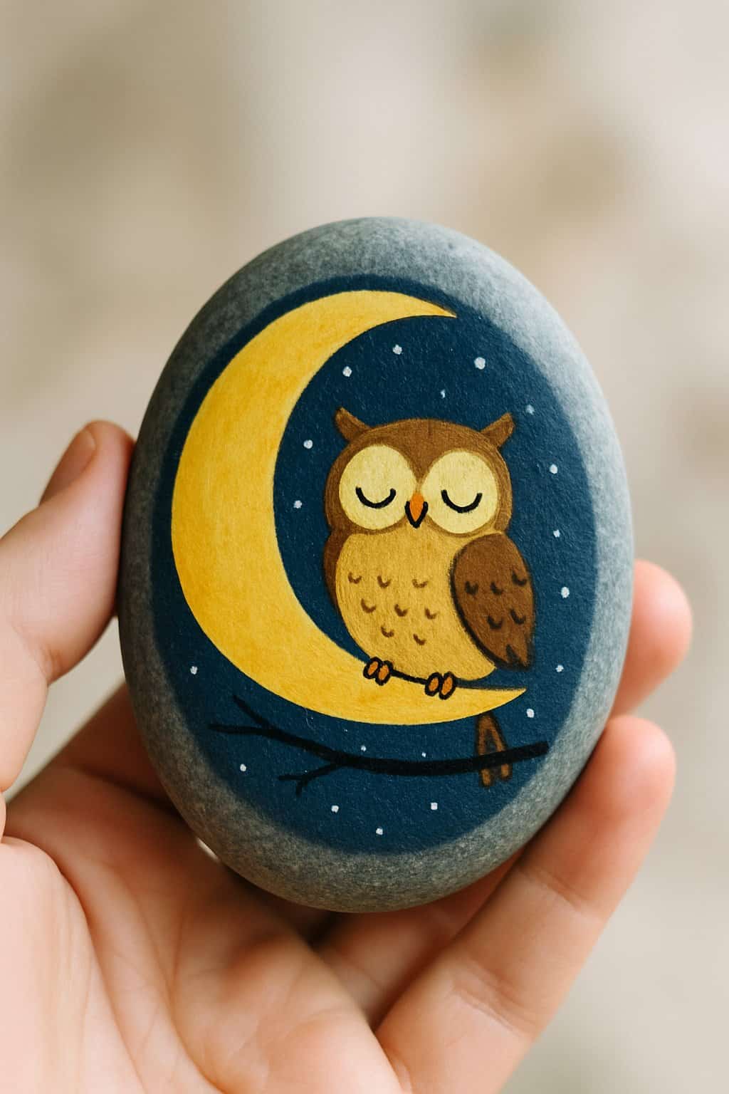 A hand holding a smooth river rock painted with a crescent moon embracing a cute owl on a branch.
