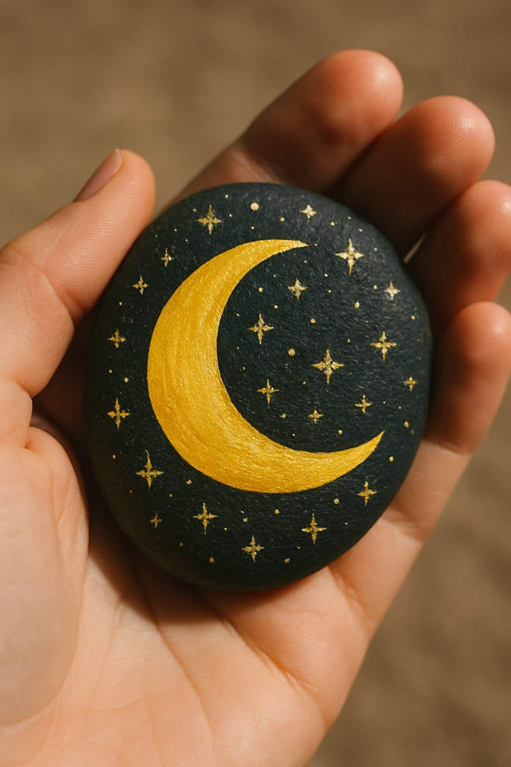 A hand holding a smooth river rock painted with a yellow crescent moon and glittery stars on a dark background.