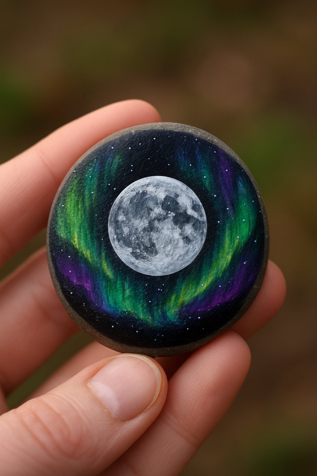 A hand holding a smooth river rock painted with a moon and colorful aurora borealis design.