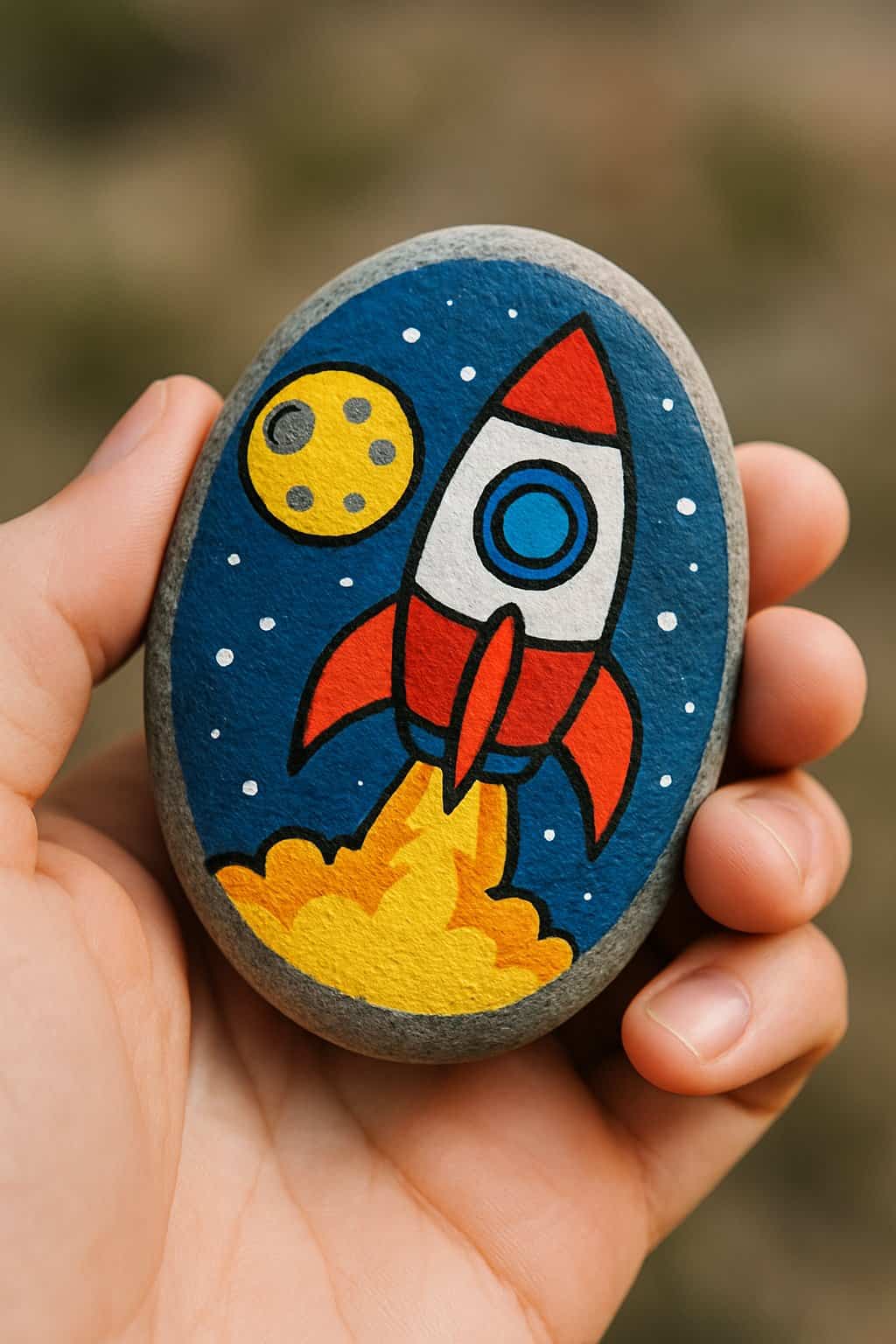 A hand holding a smooth river rock painted with a cartoon rocket blasting off next to a moon.