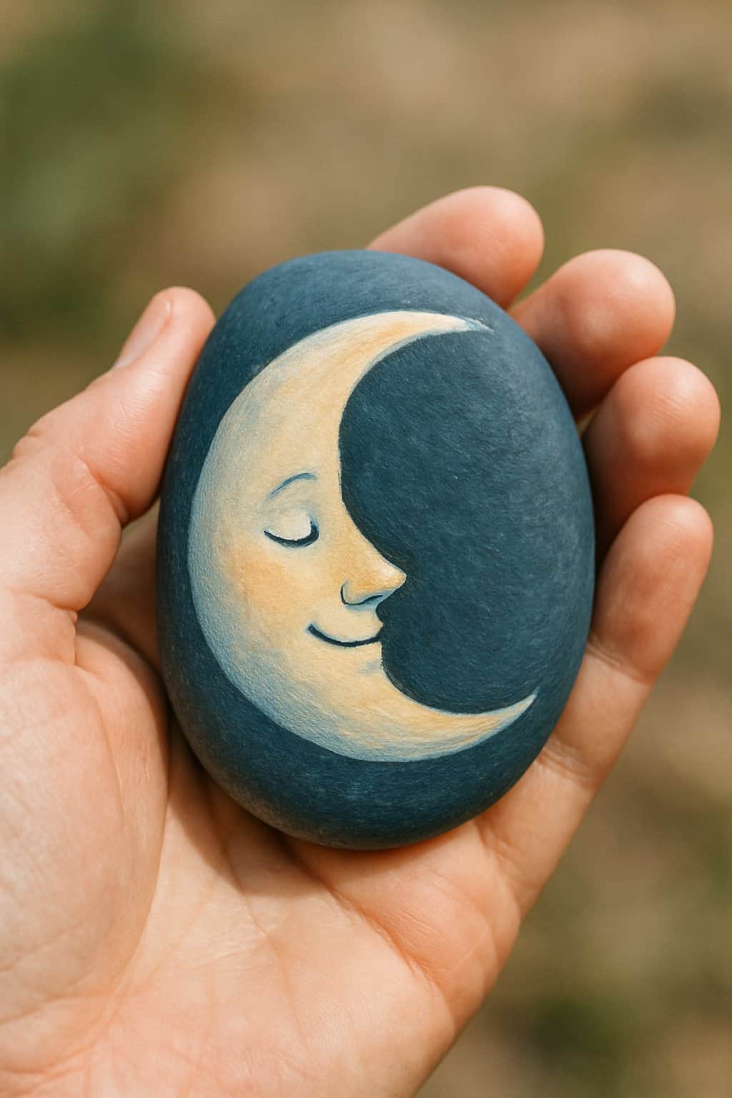 A hand holding a smooth river rock painted with a crescent moon design.