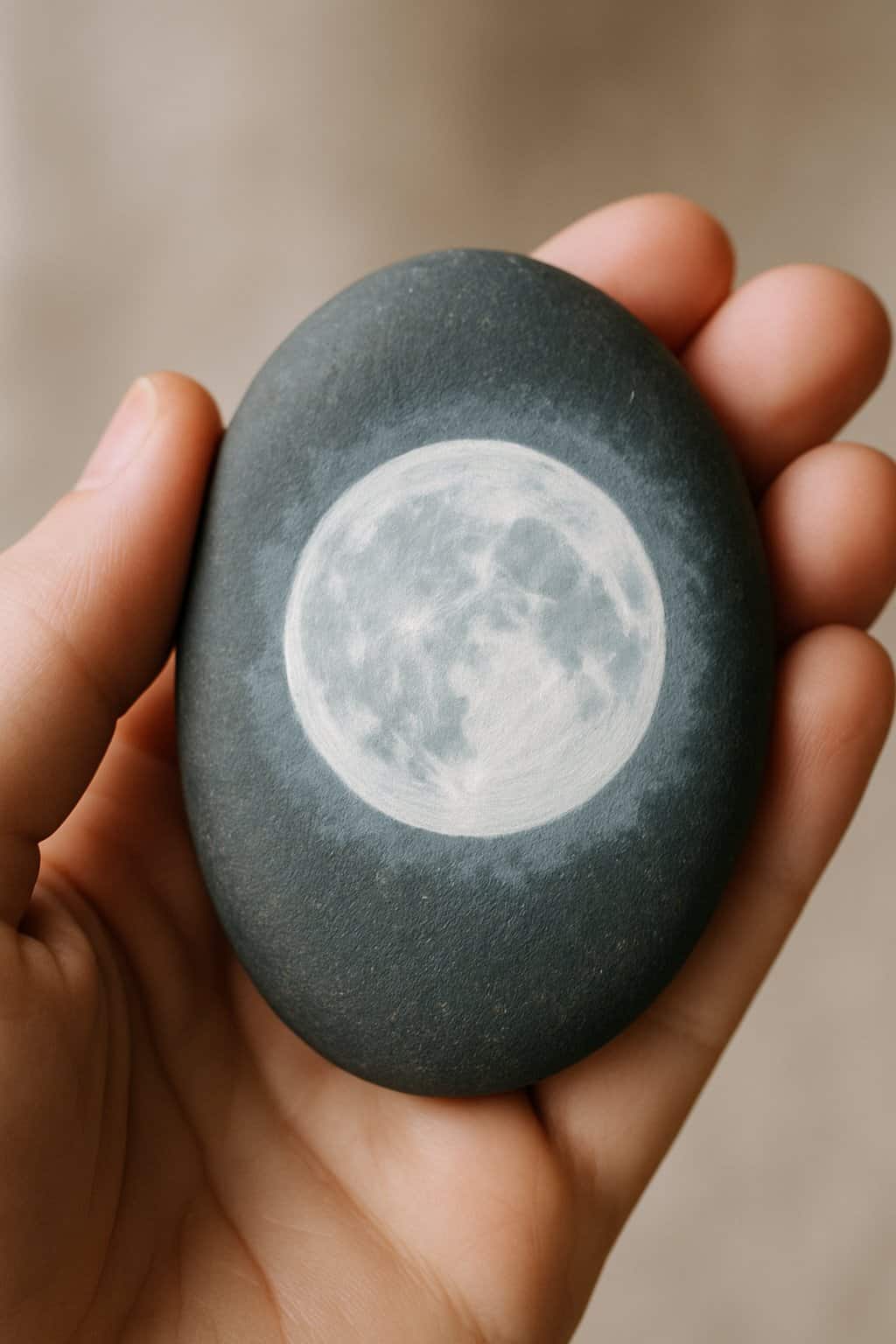 A hand holding a smooth river rock painted with a white moon and halo design.