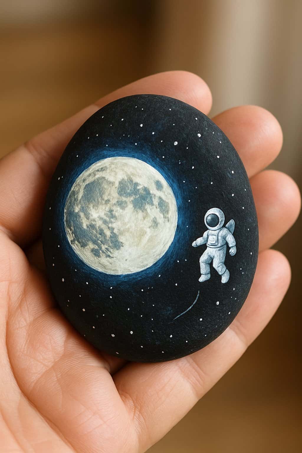 A hand holding a smooth painted rock featuring a moon and a tiny astronaut floating nearby.