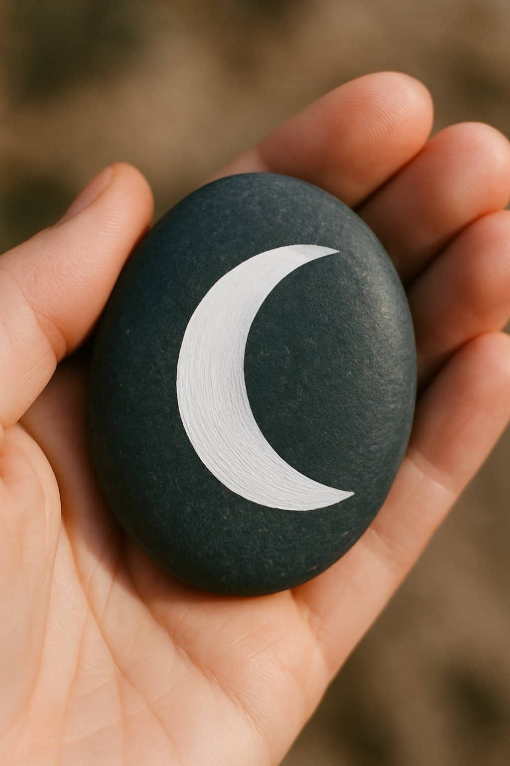 A hand holding a smooth dark gray rock painted with a white crescent shape.