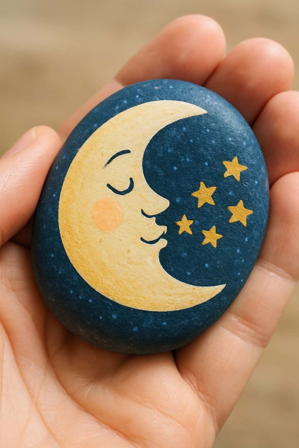 A hand holding a smooth painted river rock showing a crescent moon blowing star-shaped kisses.