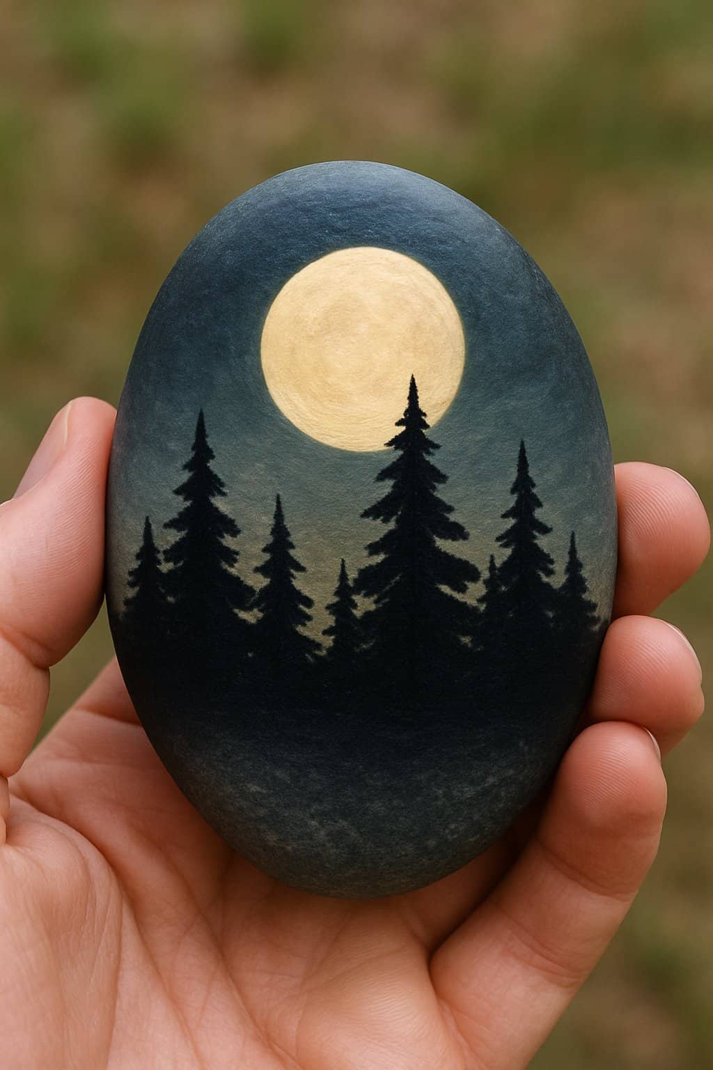 A hand holding a smooth river rock painted with a nighttime forest silhouette and a glowing moon.