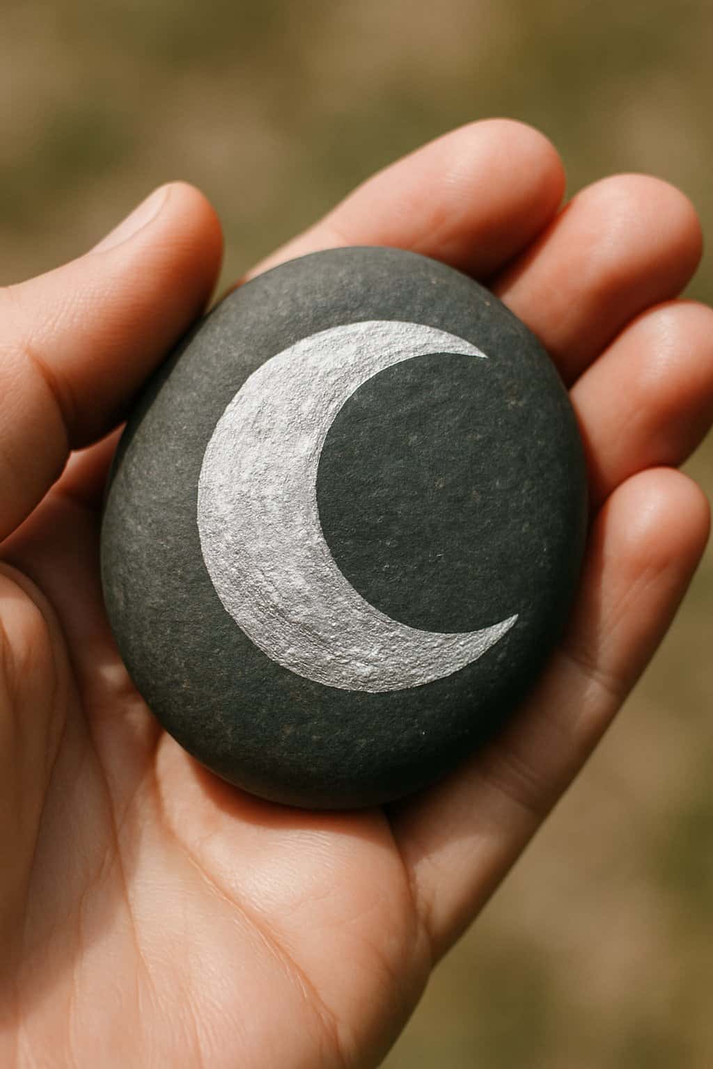 A hand holding a smooth river rock painted with a silver moon design.