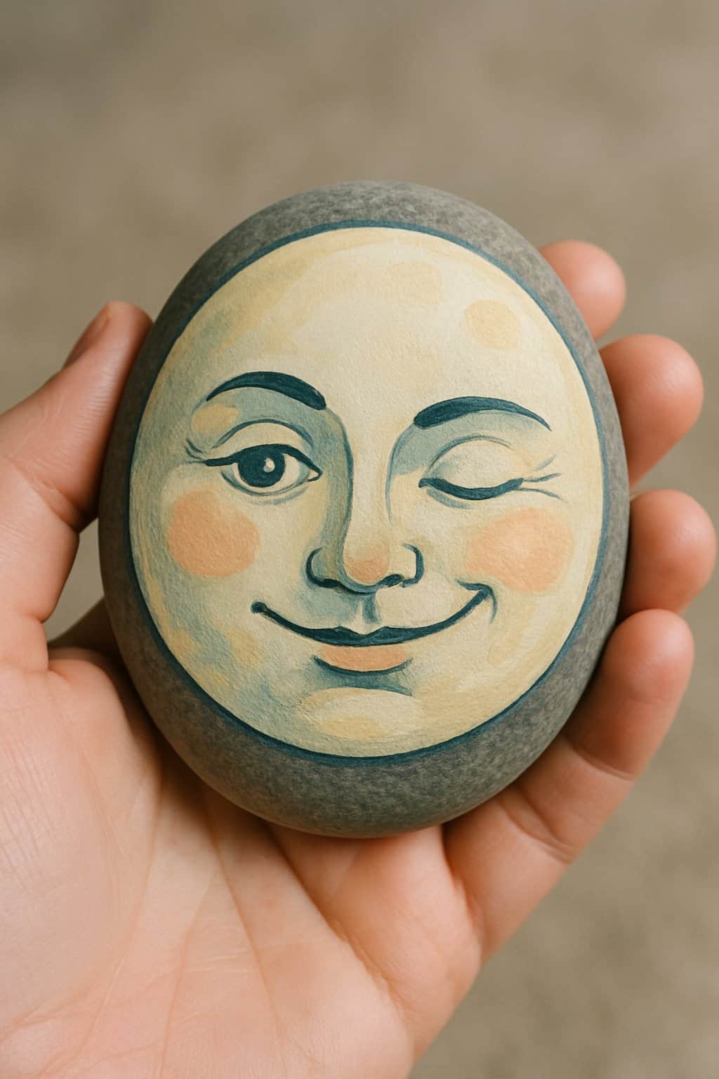 A hand holding a smooth river rock painted with a moon showing a wink and smile.