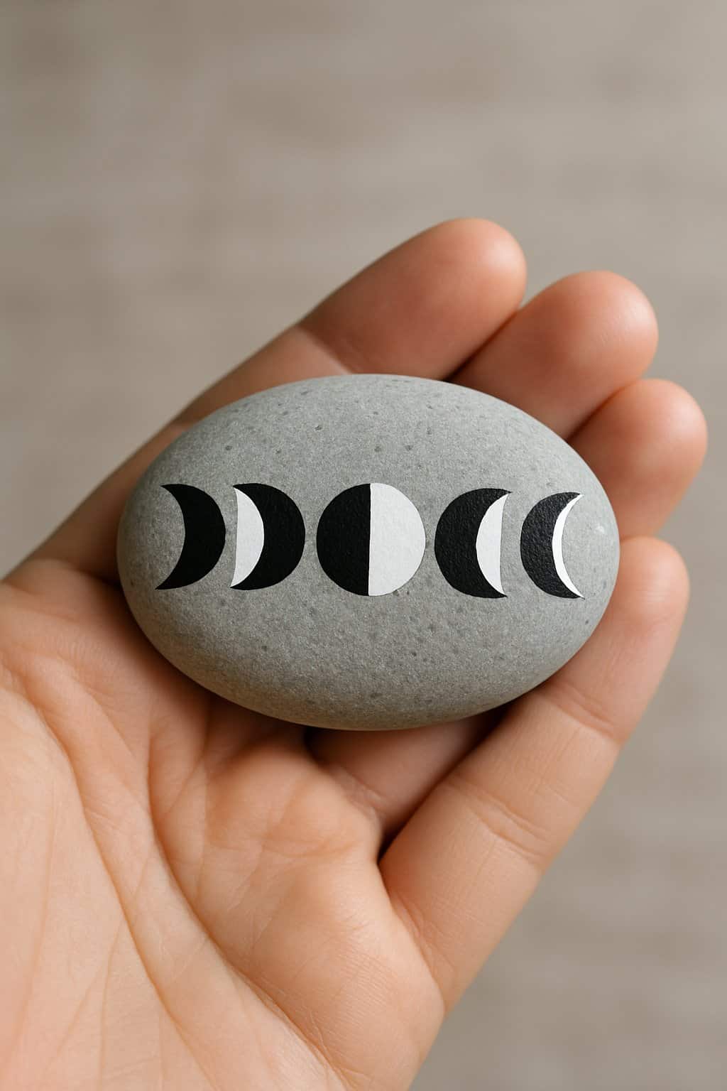 A hand holding a smooth painted rock with geometric moon phases in black and white.