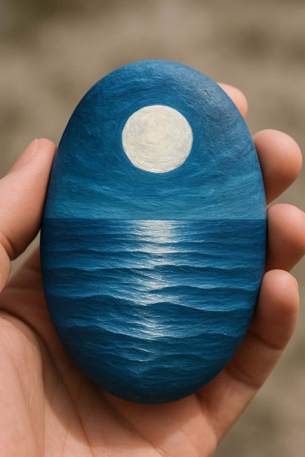 A hand holding a smooth river rock painted with a moon over calm ocean waves.