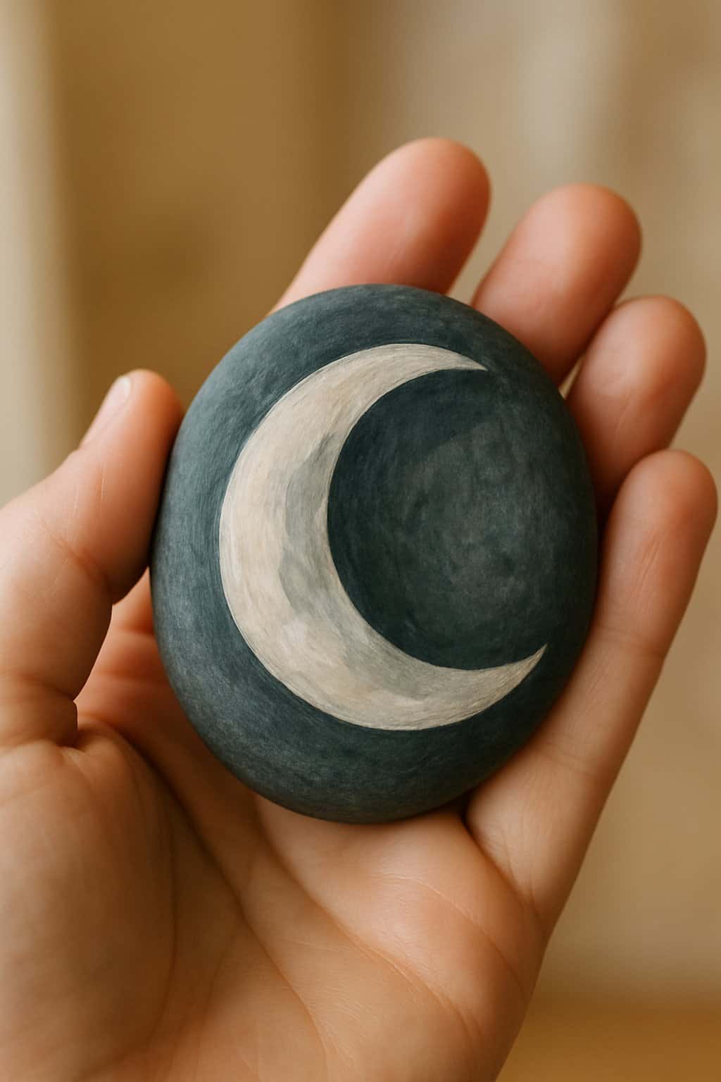 A hand holding a smooth painted rock with a moon design.