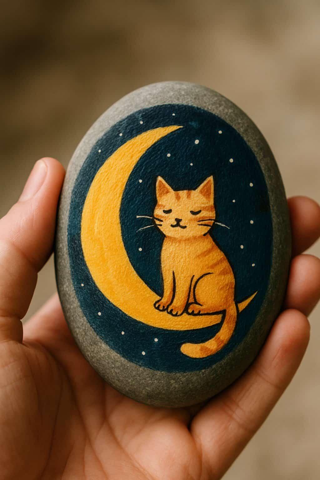 A hand holding a smooth river rock painted with an illustration of a cat sitting on a crescent moon.