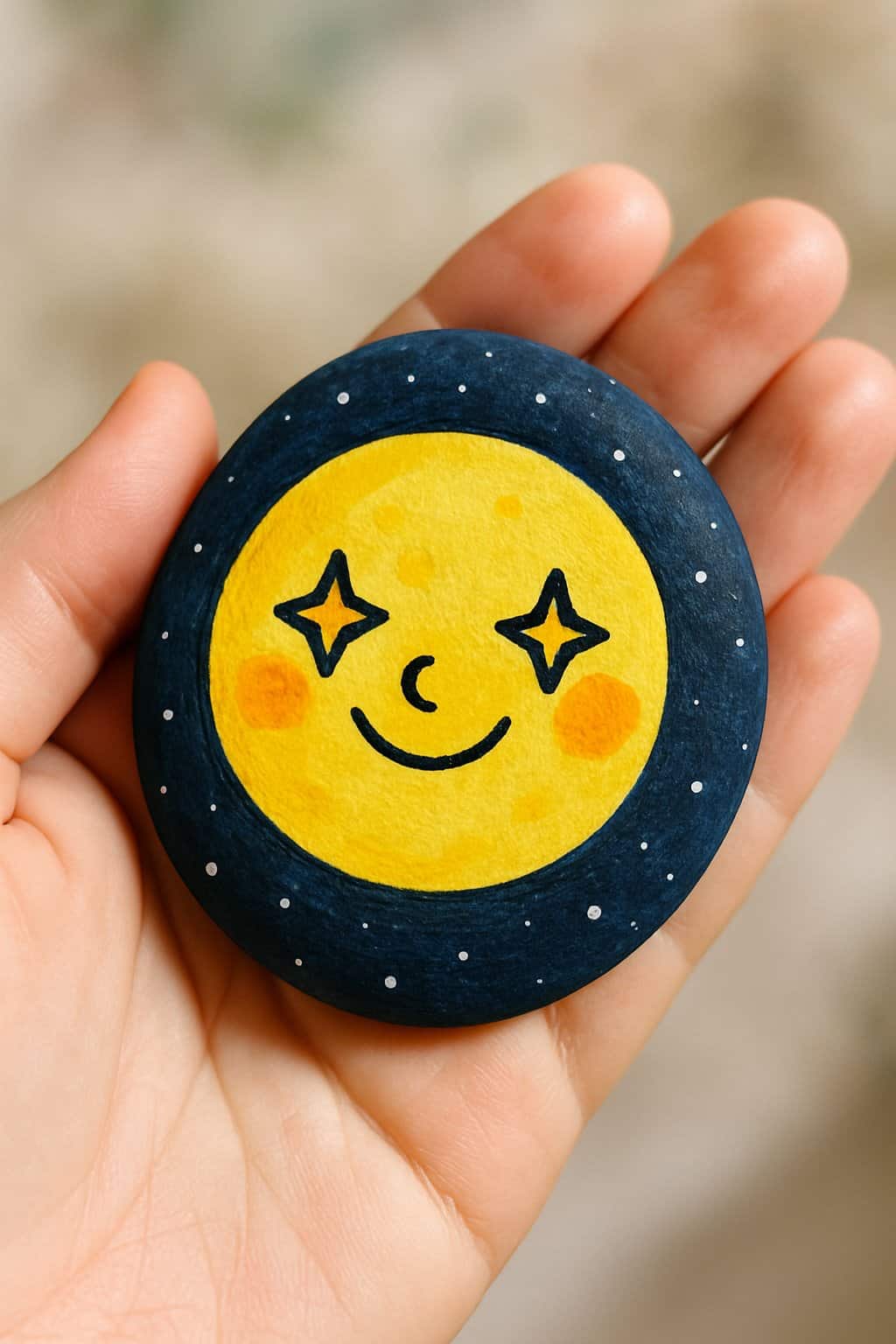 A hand holding a smooth river rock painted with a smiling moon and star-shaped eyes.