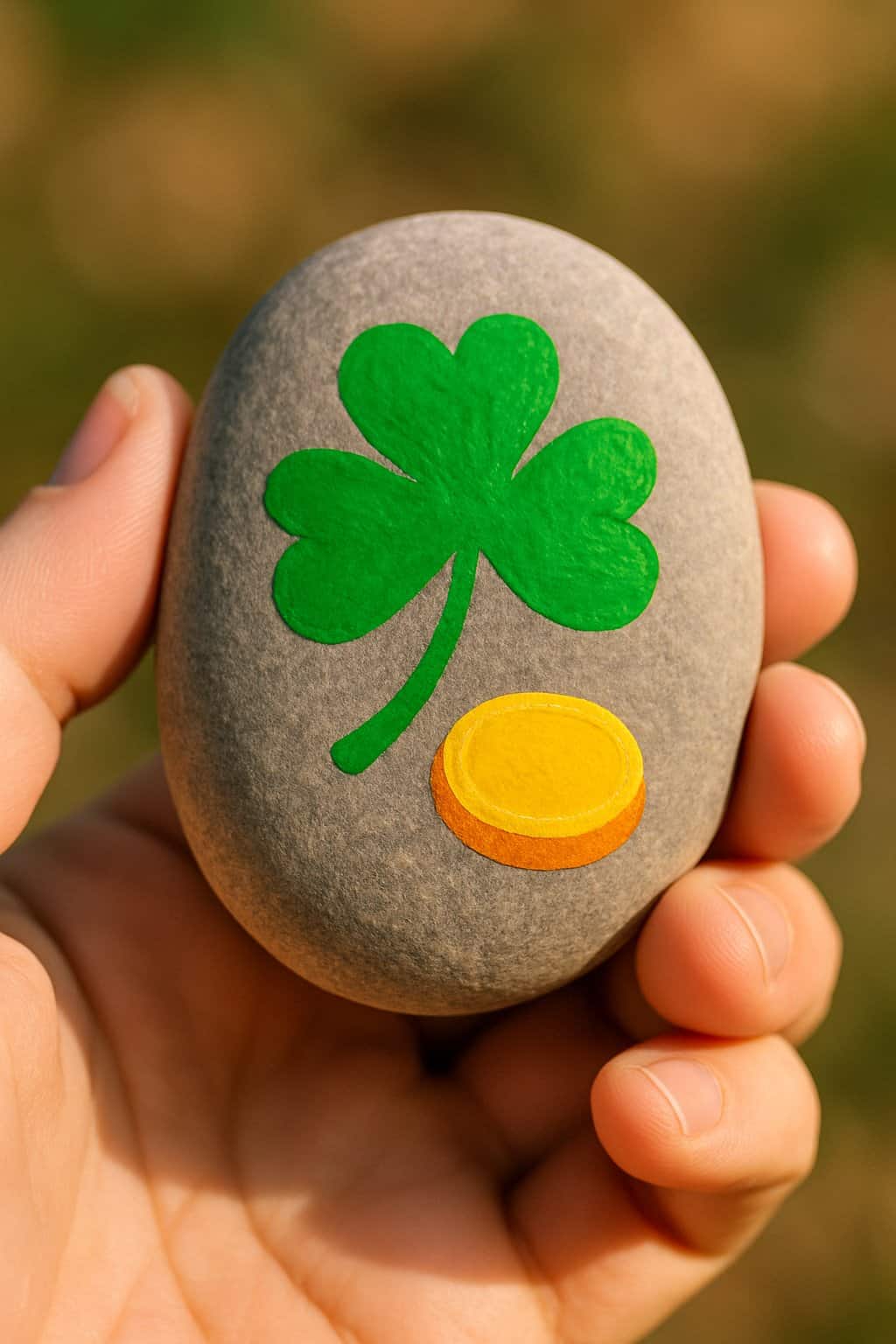 A hand holding a smooth river rock painted with a green shamrock design.