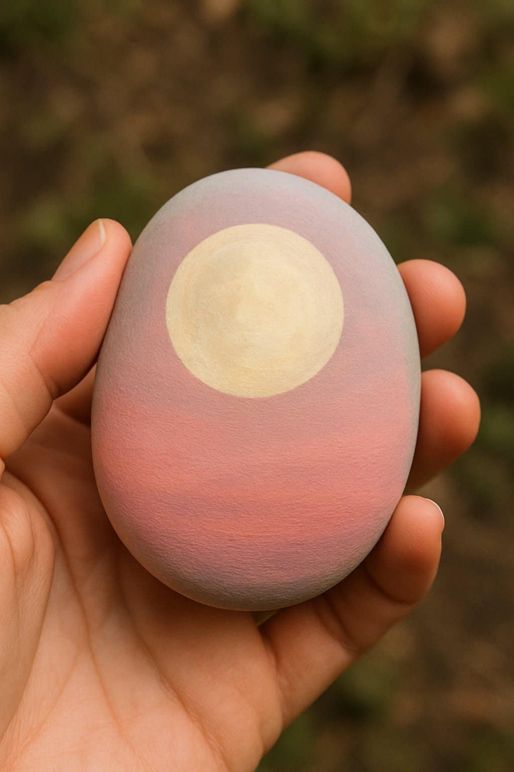 A hand holding a smooth river rock painted with a pastel moon and pink sky design.
