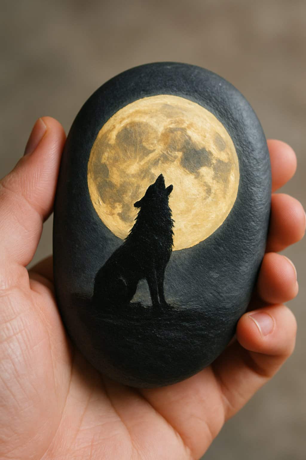 A hand holding a smooth river rock painted with a moon and a howling wolf silhouette.