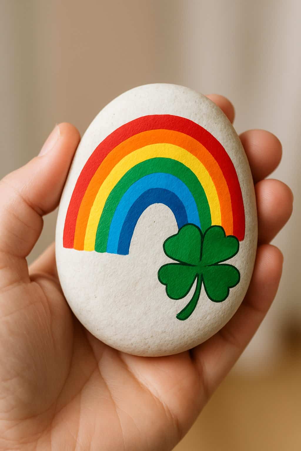 A hand holding a smooth river rock painted with a rainbow design.