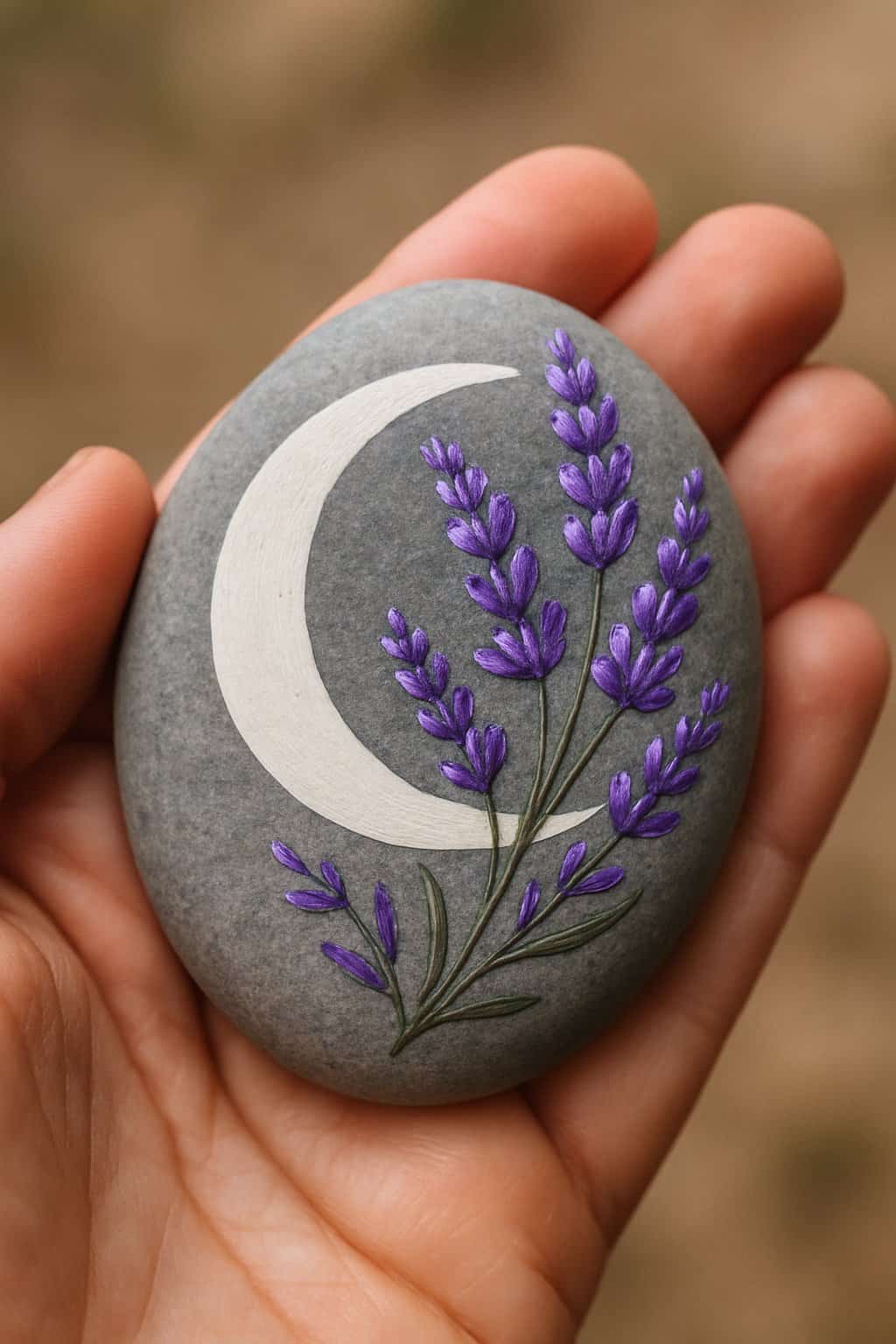 A hand holding a smooth river rock painted with a crescent moon and blooming lavender flowers.