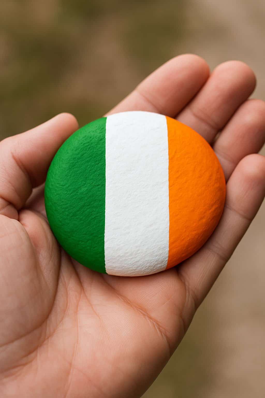 A hand holding a smooth river rock painted with green, white, and orange stripes.