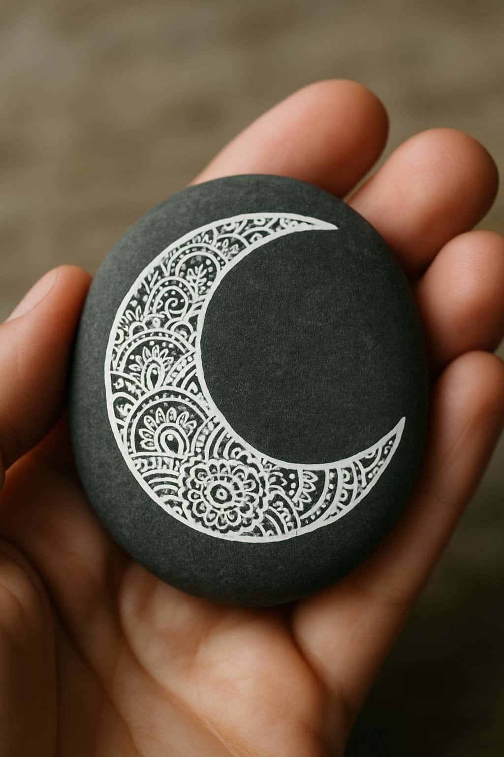 A hand holding a smooth river rock painted with a white moon design featuring intricate patterns.