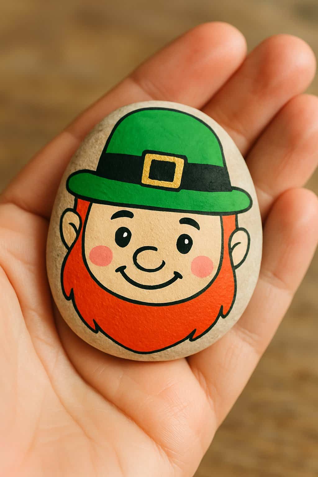 A hand holding a smooth river rock painted with a smiling leprechaun face.