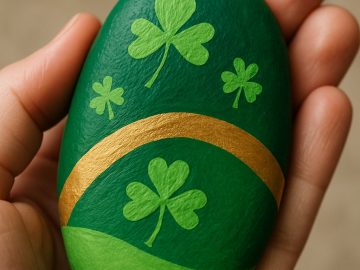 A hand holds a green-painted stone decorated with three shamrocks, a gold stripe, and light green accents, resembling a St. Patrick's Day theme.