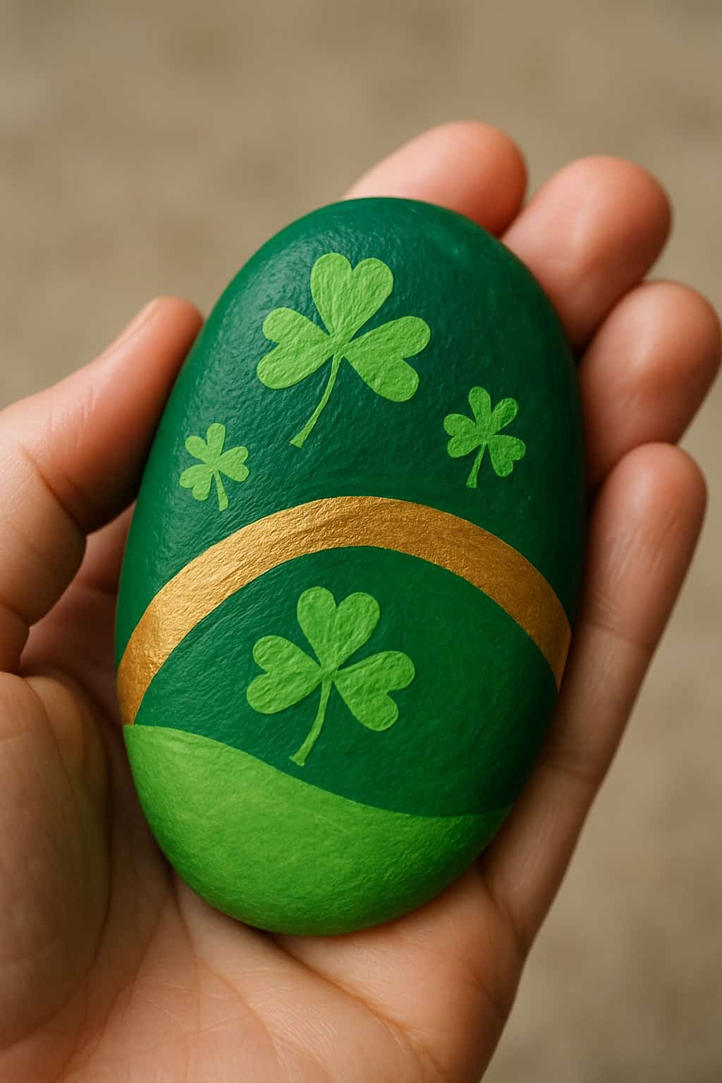 A hand holding a smooth painted river rock with a green and gold design.