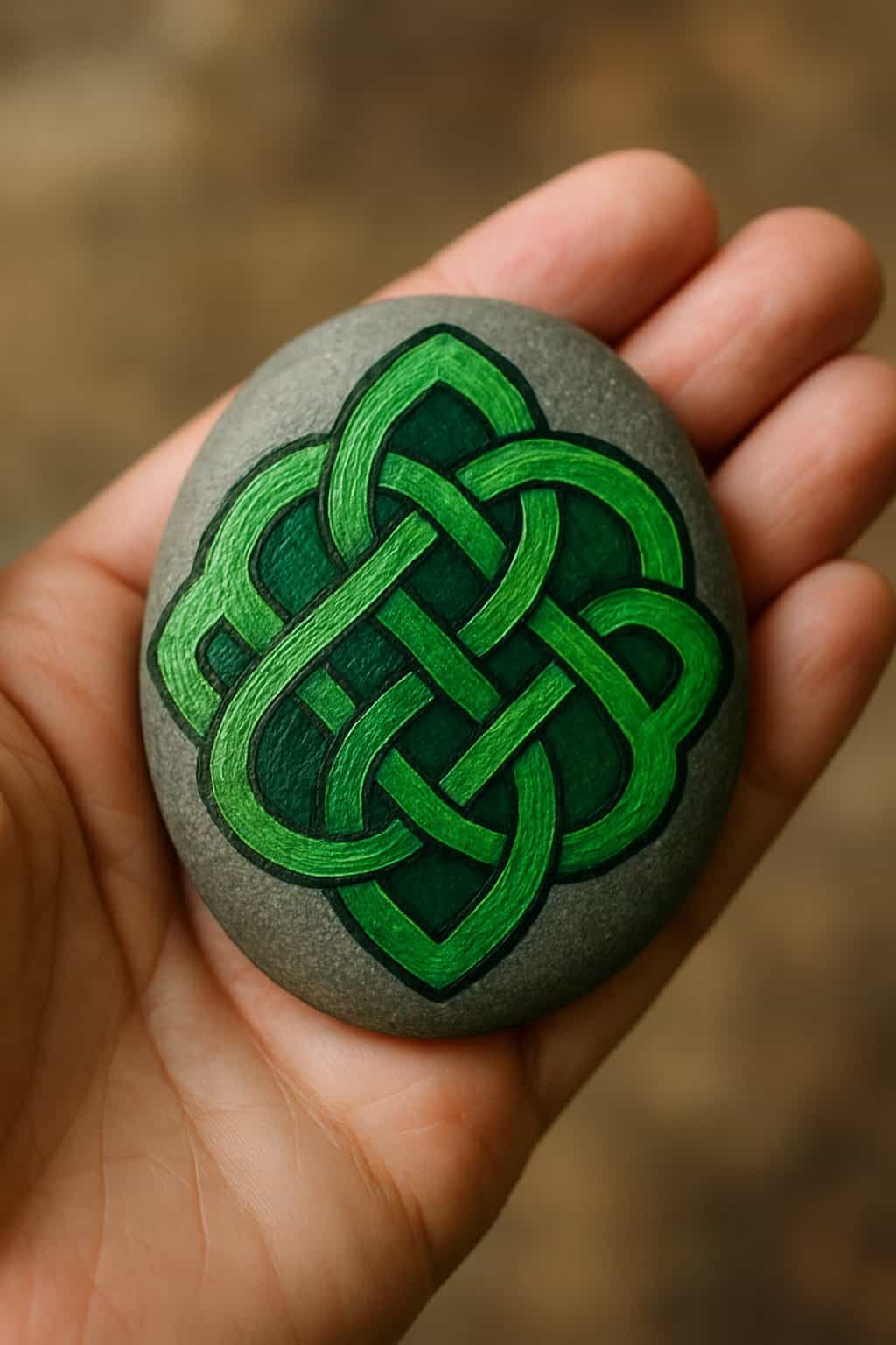 A hand holding a smooth river rock painted with an intricate green Celtic knot design.