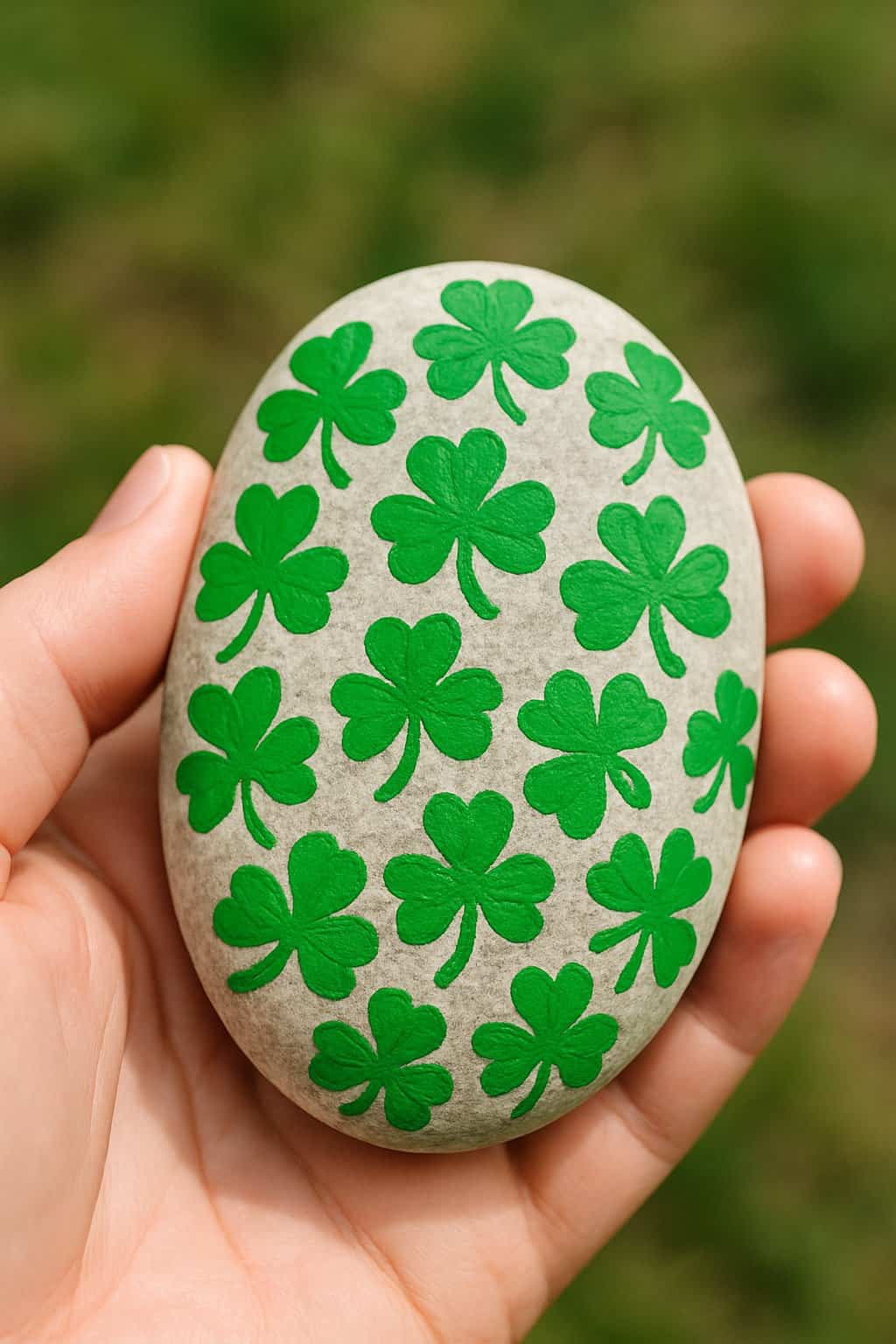 A hand holding a smooth river rock painted with bright green shamrocks.