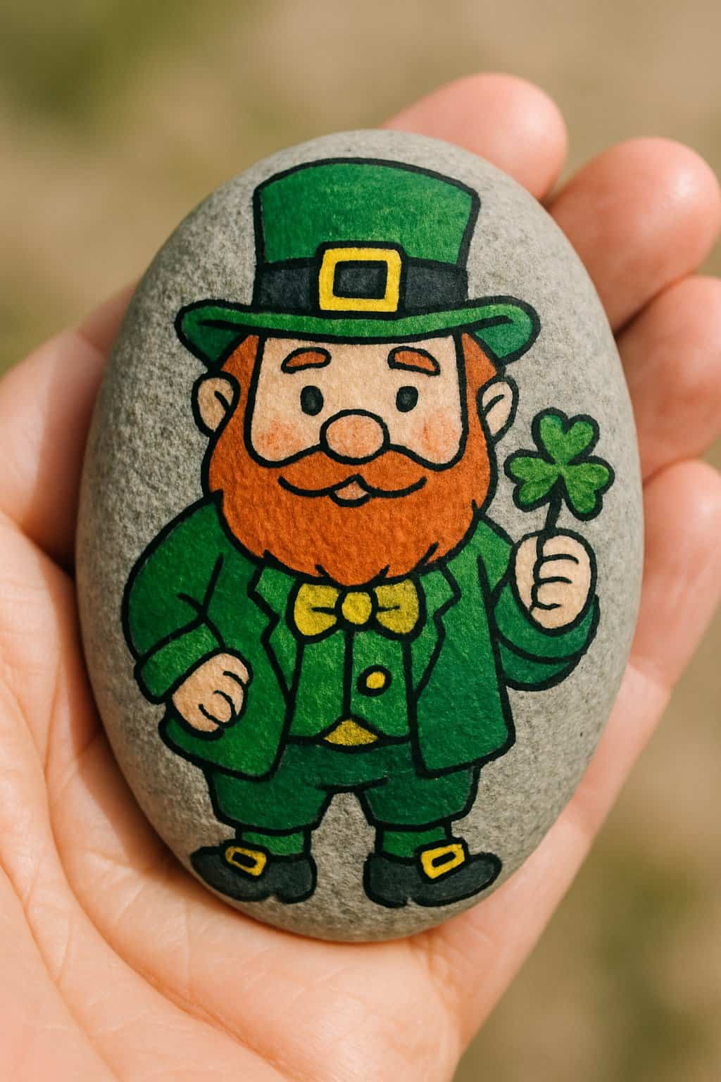 A hand holding a smooth river rock painted with a leprechaun holding a tiny shamrock.