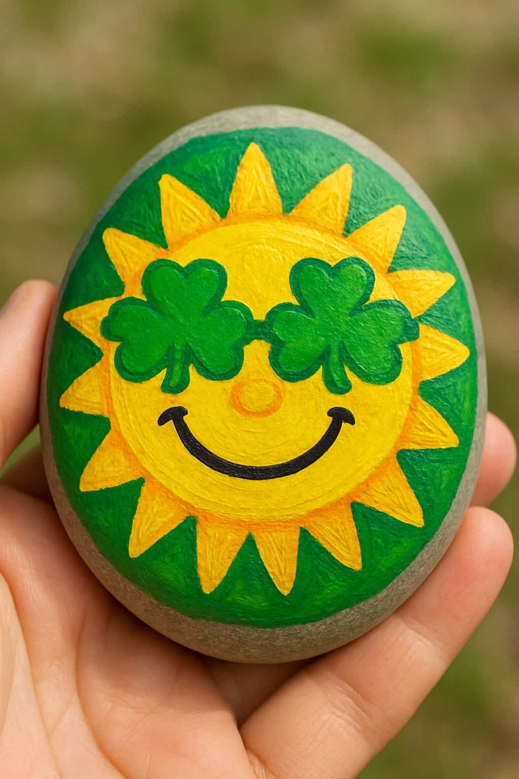 A hand holding a smooth painted rock with a smiling sun wearing shamrock-shaped glasses.