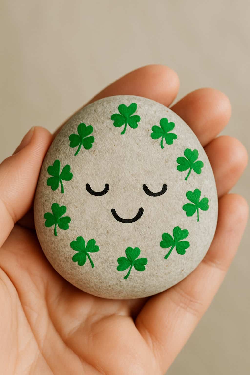 A hand holding a smooth river rock painted with a smiling face and small shamrocks around it.
