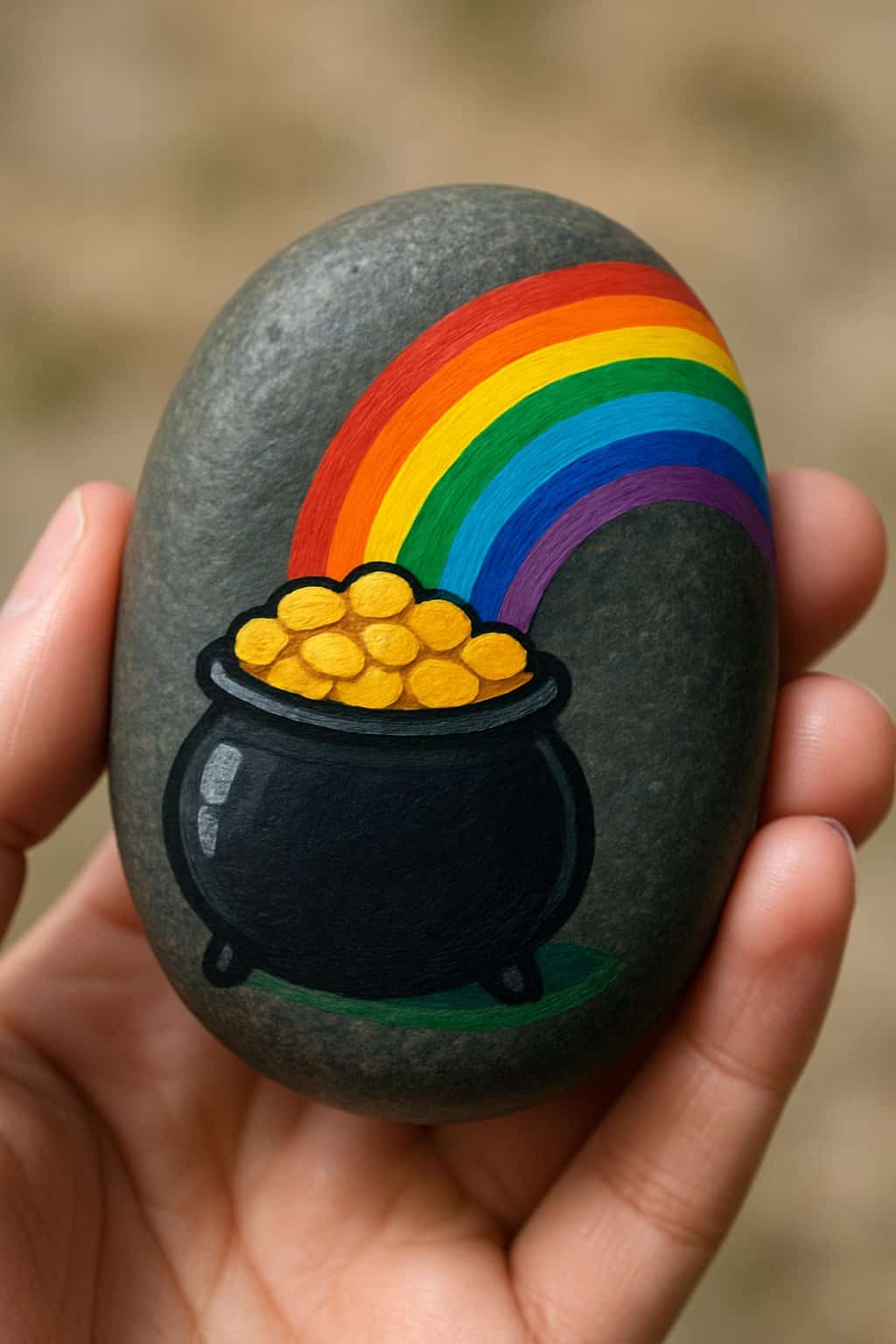 A hand holding a smooth painted rock featuring a pot of gold and a rainbow.