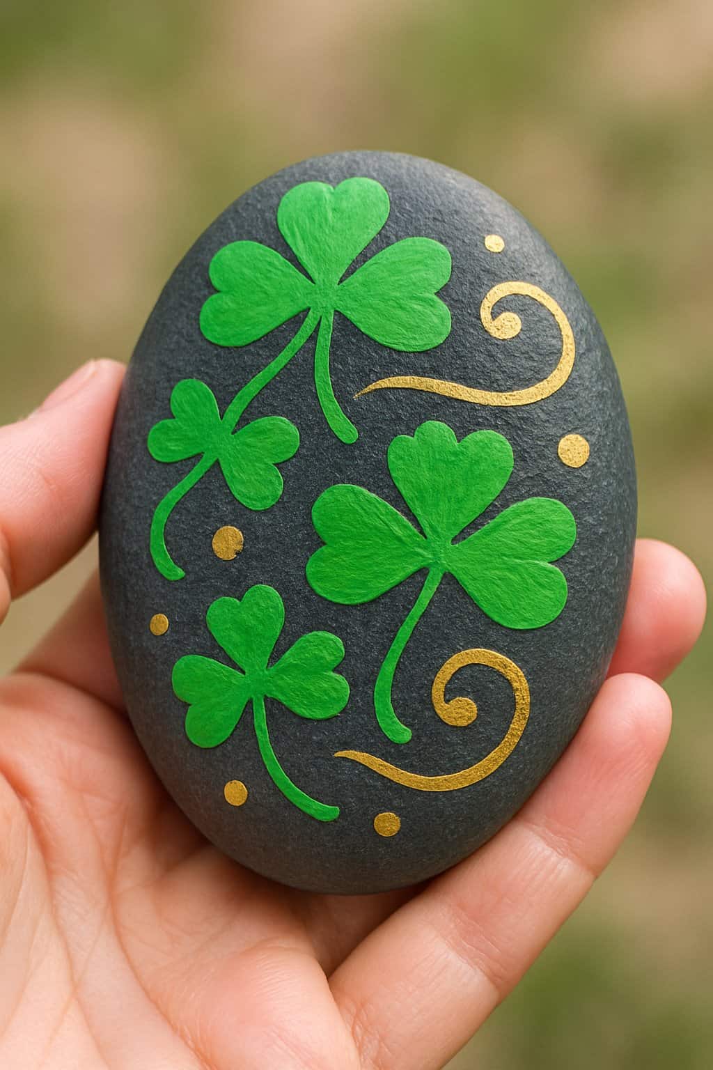 A hand holding a smooth painted river rock with green and gold decorative designs.