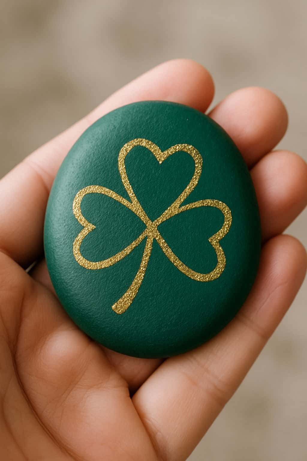 A hand holding a smooth river rock painted with a gold glitter shamrock outline.