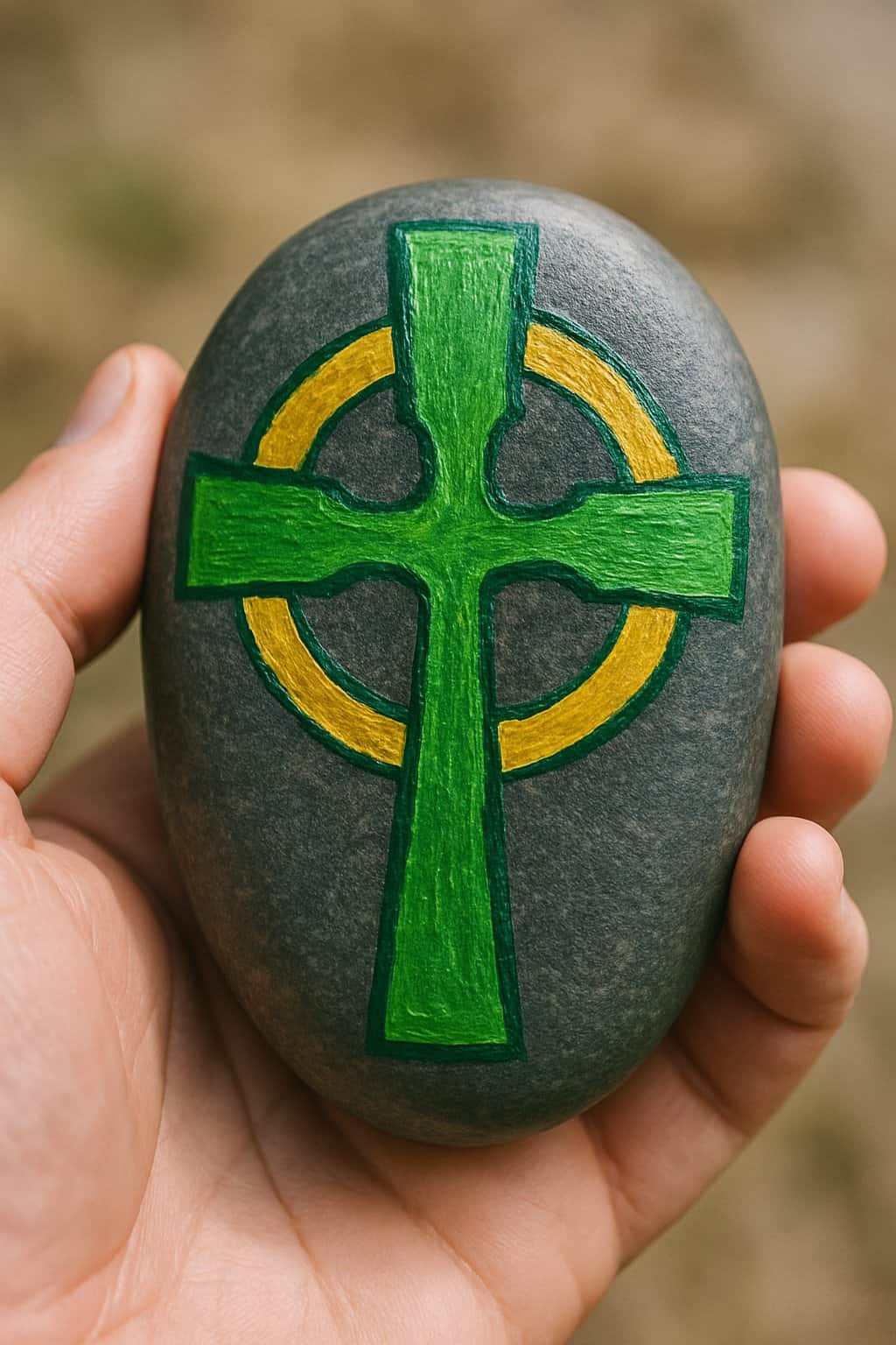 A hand holding a smooth river rock painted with a green and gold Celtic cross design.