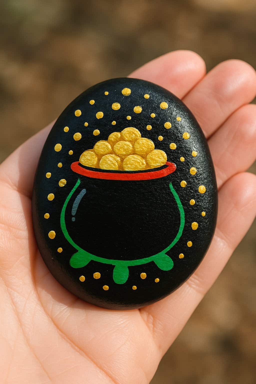 A hand holding a smooth painted rock featuring a pot of gold design with sparkling dots.