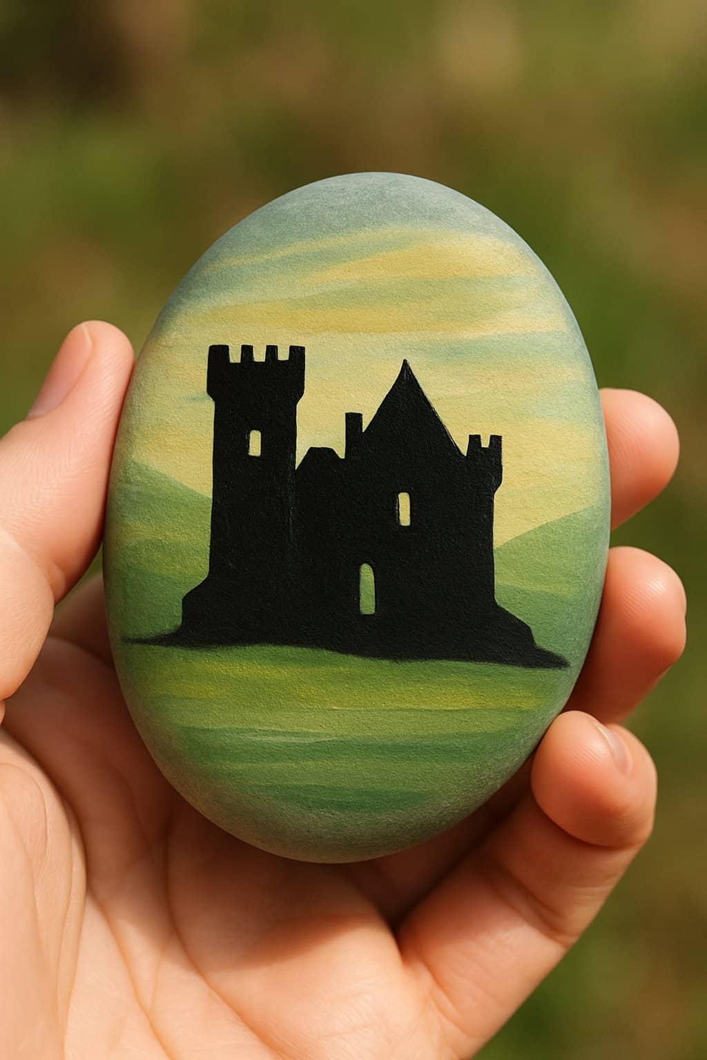 A hand holding a smooth river rock painted with an Irish castle silhouette.