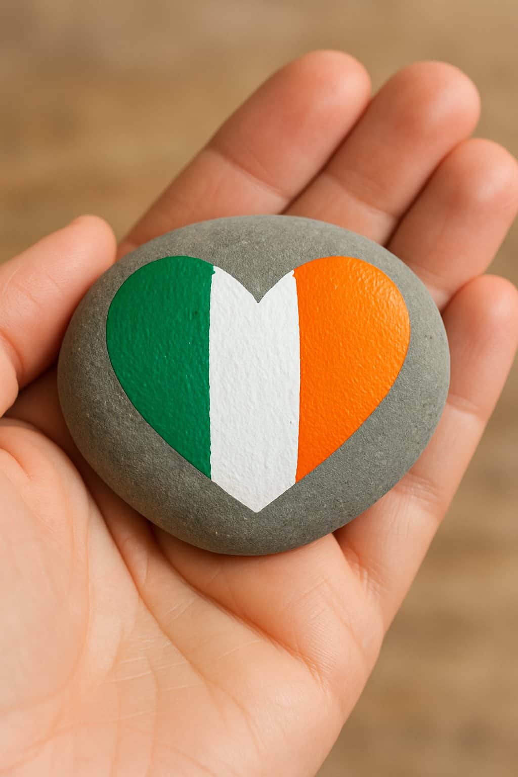 A hand holding a smooth river rock painted with a heart in the colors of the Irish flag.