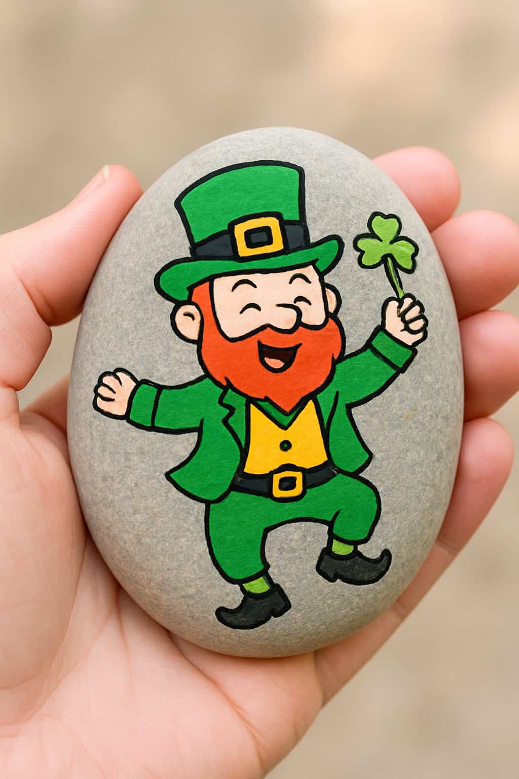 A hand holding a smooth painted rock with a cartoon leprechaun dancing on it.