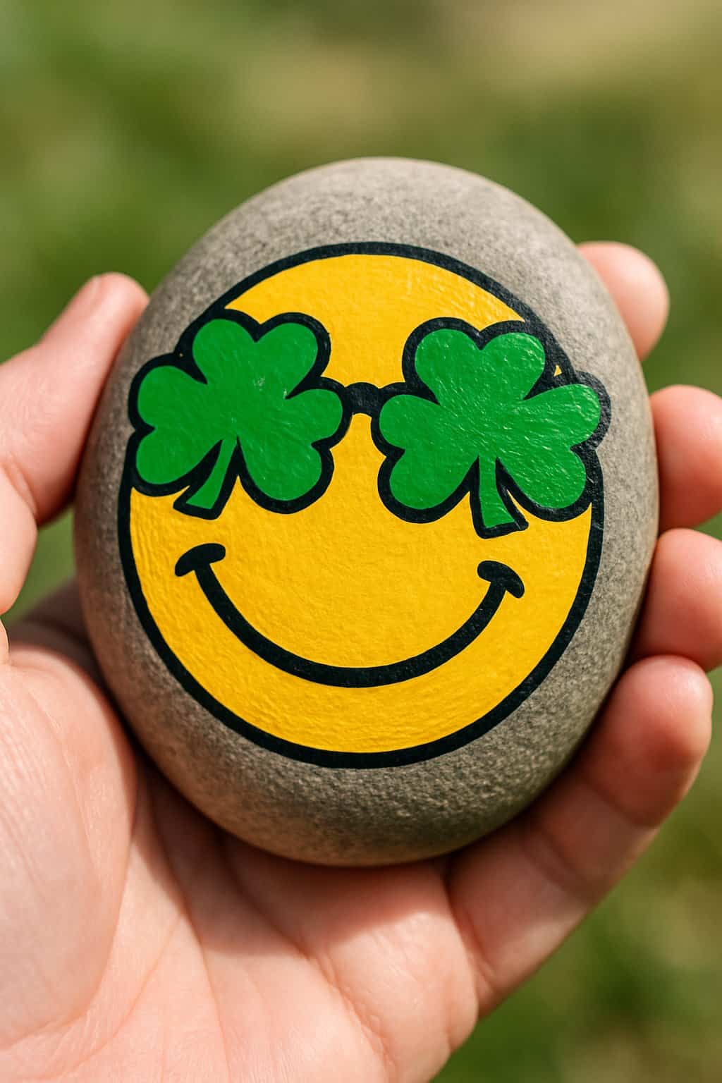 A hand holding a smooth river rock painted with a smiley face wearing shamrock sunglasses.