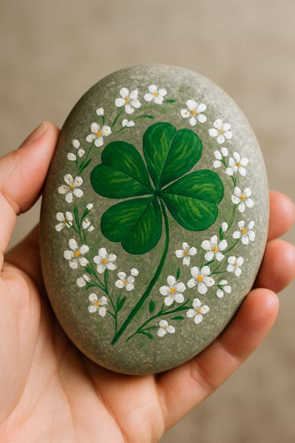 A hand holding a smooth river rock painted with a green four-leaf clover and white flowers.