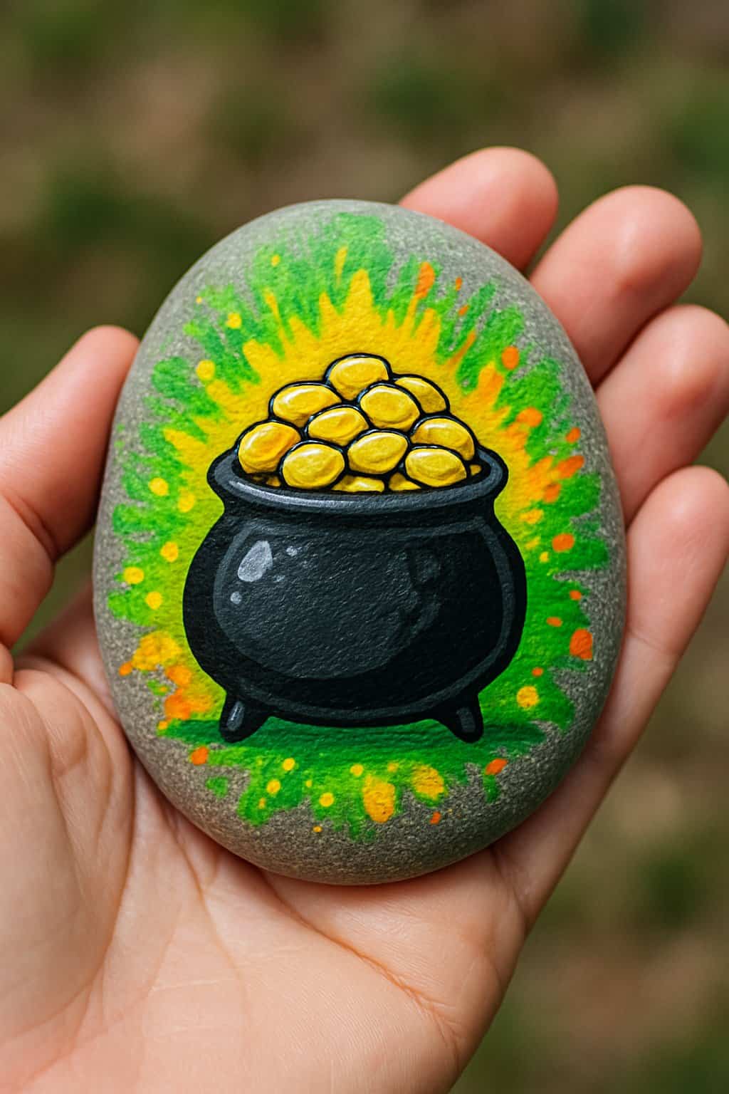 A hand holding a smooth painted rock with a pot of gold and colorful splash design.