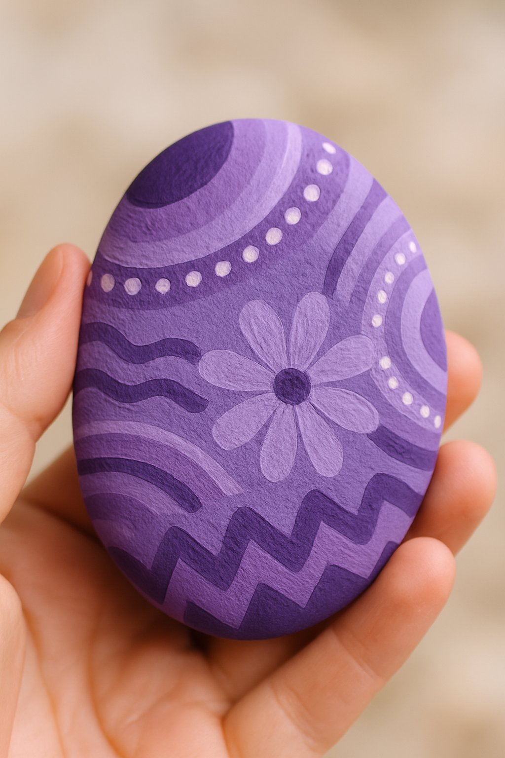 A hand holding a smooth river rock painted with purple designs.