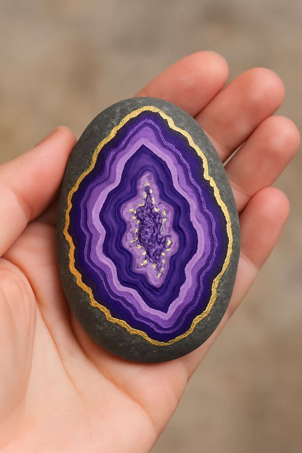 A hand holding a smooth river rock painted with purple and gold geode patterns.
