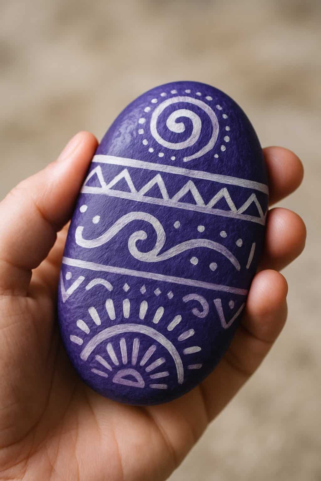 A hand holding a smooth purple painted rock with tribal designs.