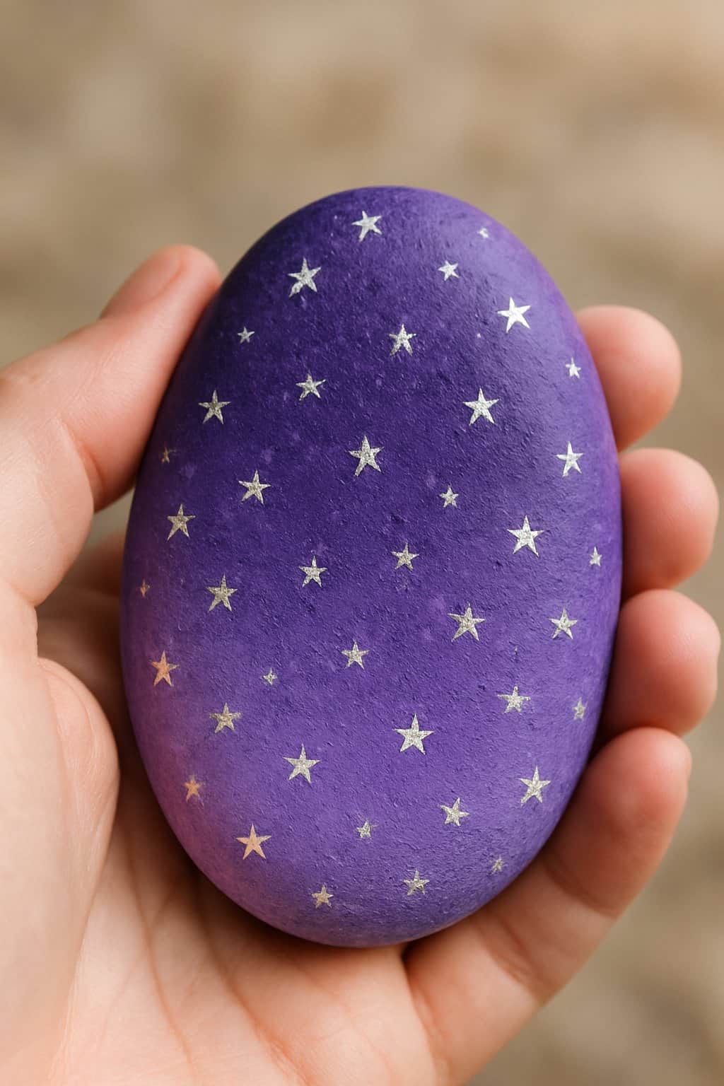 A hand holding a smooth purple rock decorated with small silver stars.