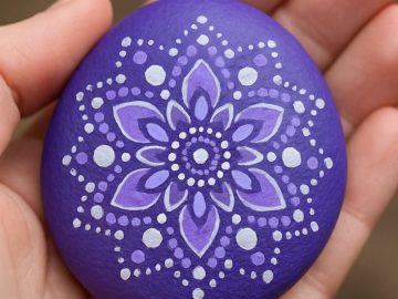 A hand holds a smooth, round purple stone painted with an intricate white and lavender mandala pattern.