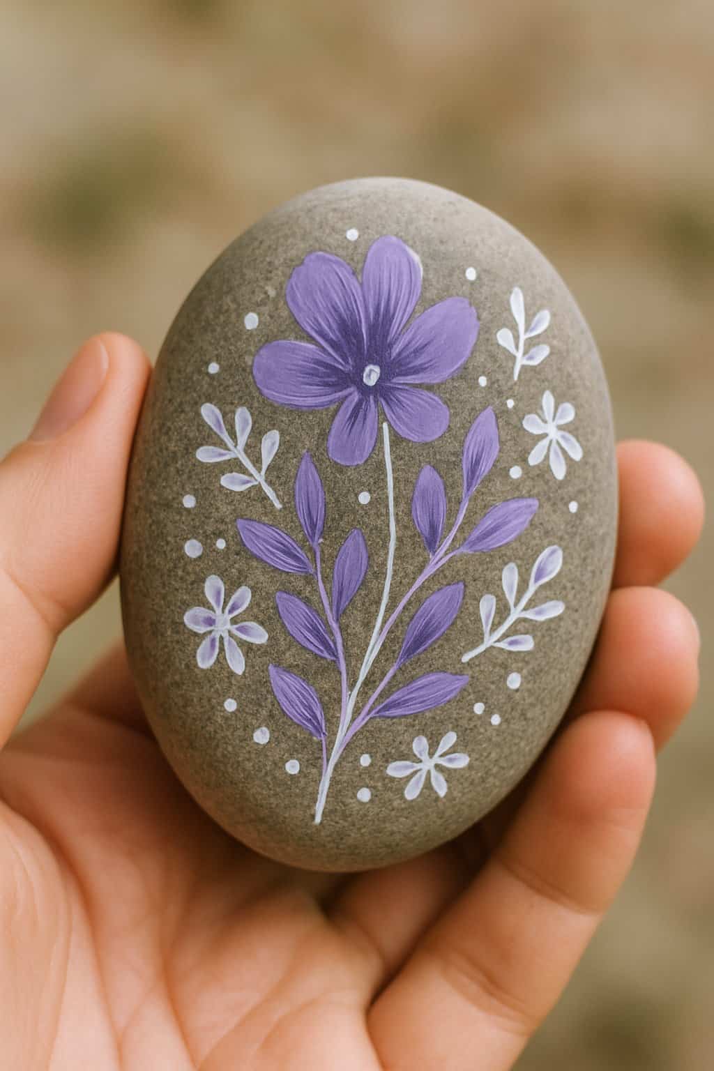 A hand holding a smooth river rock painted with purple and white floral patterns.