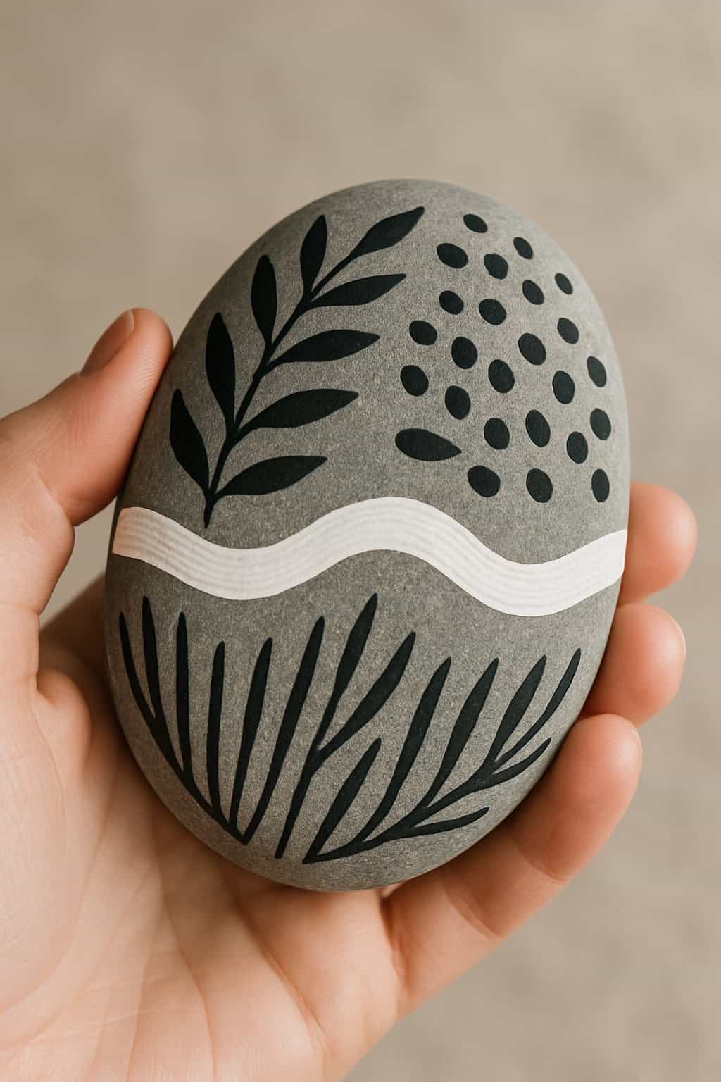 A hand holding a smooth river rock painted with black and white designs.